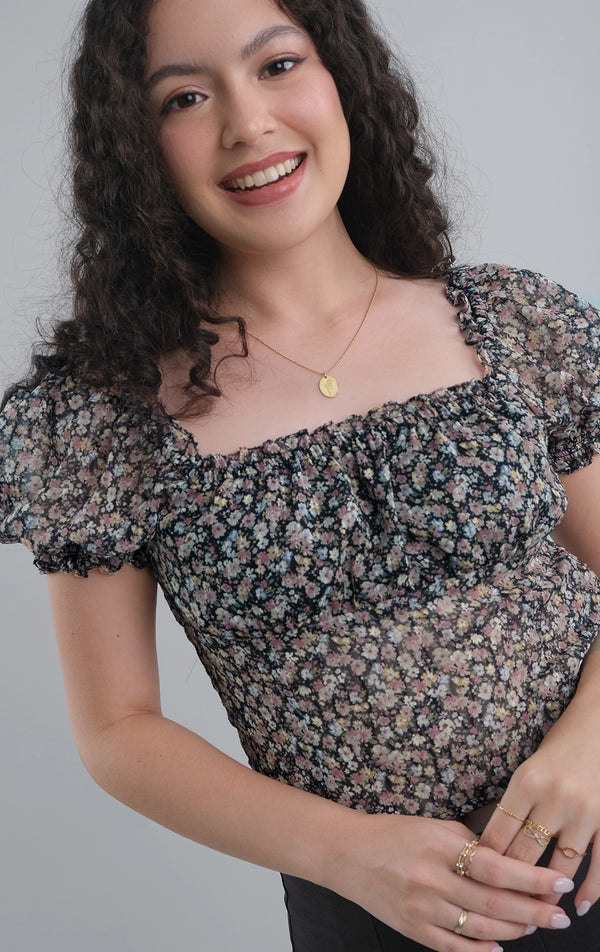ROMANTIC PUFF SLEEVE FLORAL PRINT TOP
