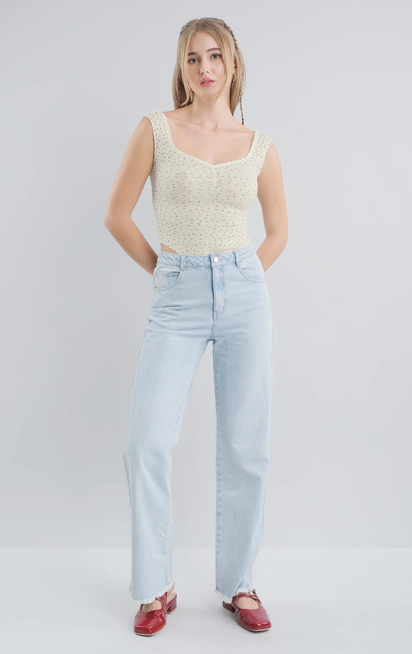 FLORAL PRINT STRAPPY BODYSUIT WITH SHELL TUCK PICOTING DETAILS AND RUCHING ON FRONT