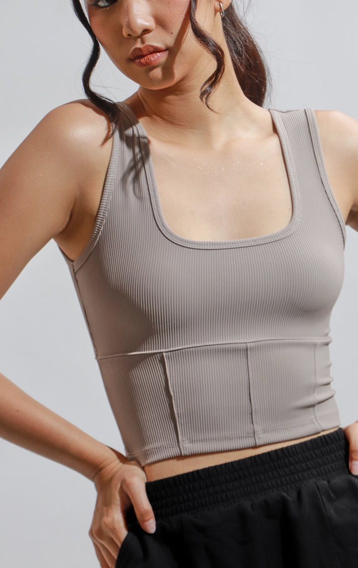 Close-up of front details of brown Ribbed Corsetry-Like Square Neck Tank Top, featuring square neckline and contour seams. From Just G Philippines.