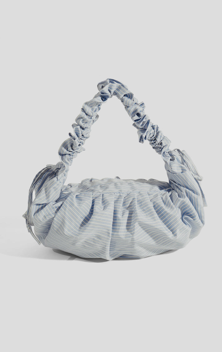 Front view of the Blue Nylon Stripes Dumpling Shoulder Bag with Ruched Handle for Women