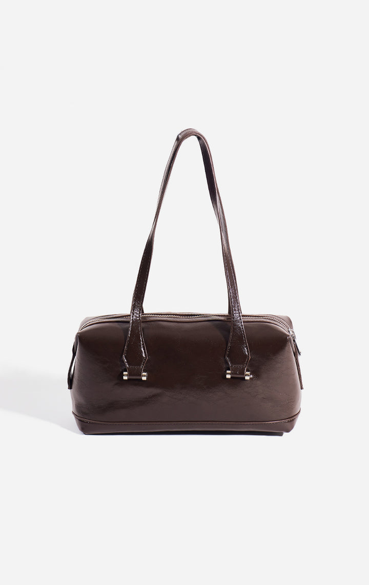 Front view of the Brown Faux Leather Bowling Bag for Women