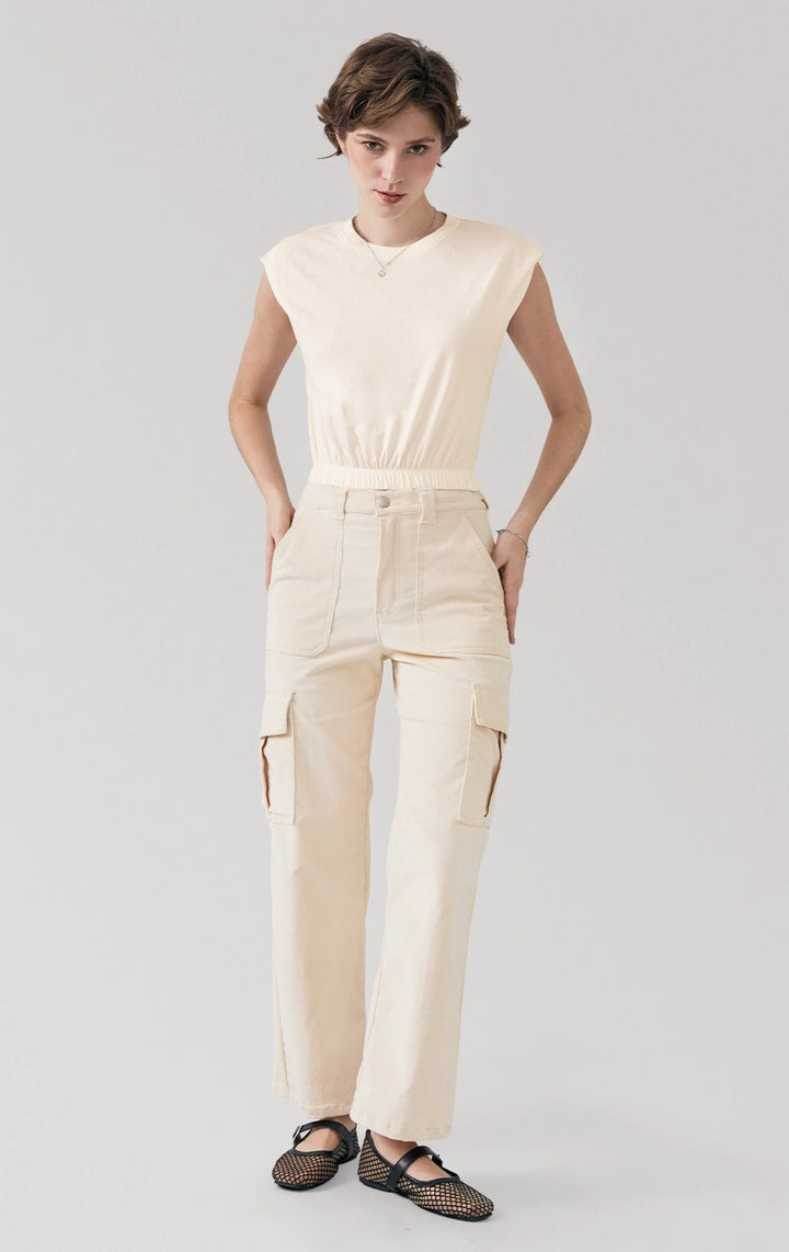 Full front view of the Single Jersey Cropped Muscle Tee in offwhite, featuring the relaxed armholes and garterized hem from Just G Philippines.
