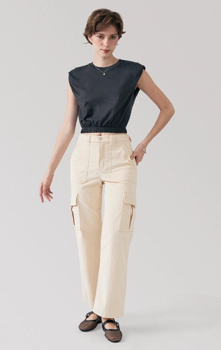 Full front view of the Single Jersey Cropped Muscle Tee in black, showing the relaxed silhouette and cropped garterized hem from Just G Philippines.