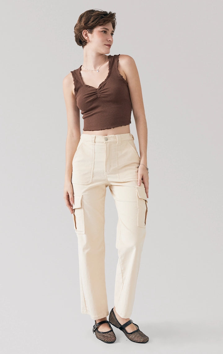 Full front view of the Pointelle Jersey Ruched Tank Top in brown, showing the dainty v-neck, ruched front, and ruffle hem from Just G Philippines.