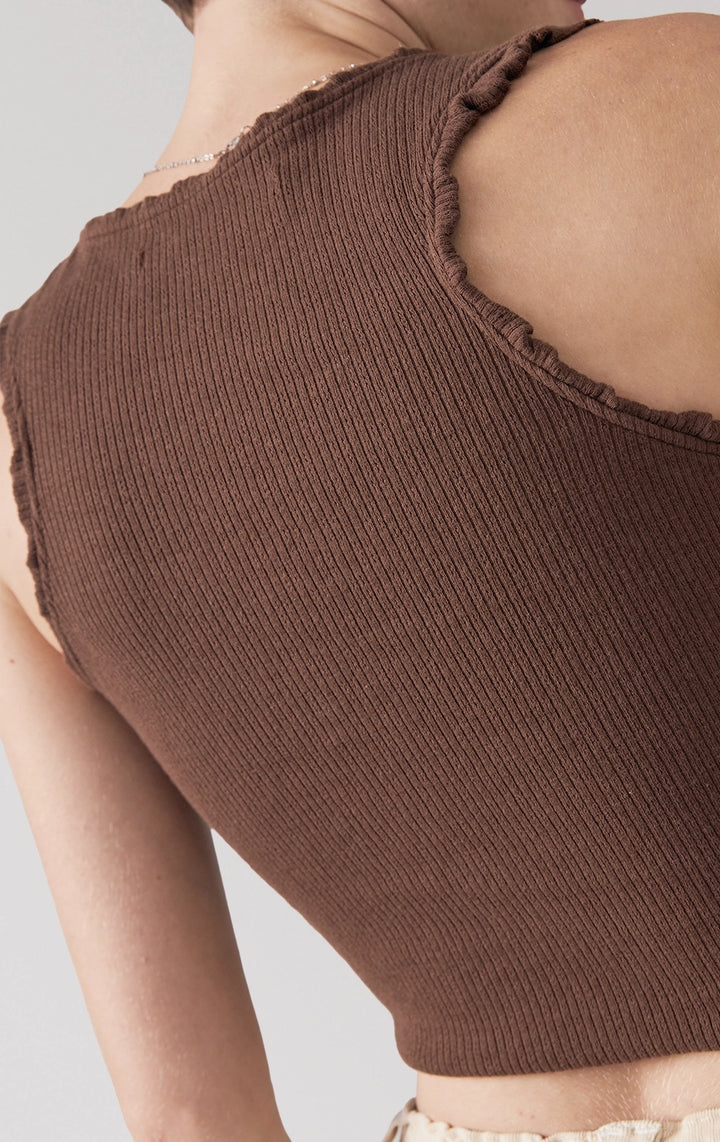 Close-up of back details of the Pointelle Jersey Ruched Tank Top in brown, showing delicate pointelle knit texture and subtle stretch from Just G Philippines.