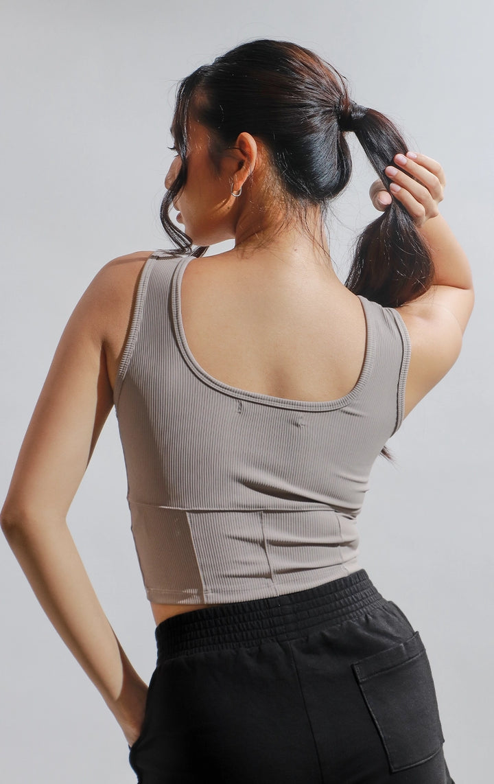 Close-up of back details of brown Ribbed Corsetry-Like Square Neck Tank Top, showing fine ribbed texture and body-hugging structure. From Just G Philippines.