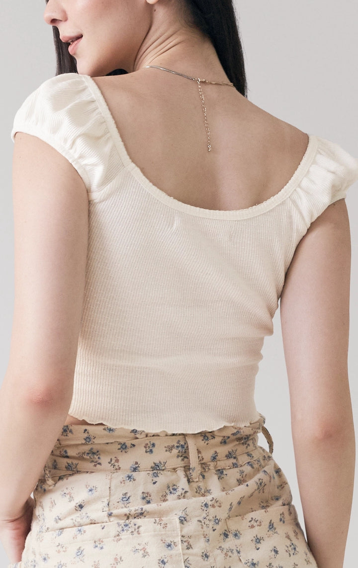 Close-up of back details of the Textured Ribbed Jersey Corset-Like Top in offwhite, showing the fine ribbed texture and feminine fit from Just G Philippines.