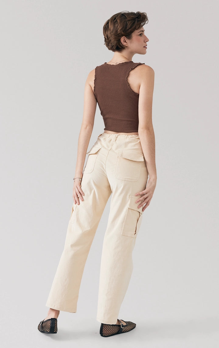 Full back view of the Pointelle Jersey Ruched Tank Top in brown, highlighting the soft pointelle knit and body-hugging fit from Just G Philippines.