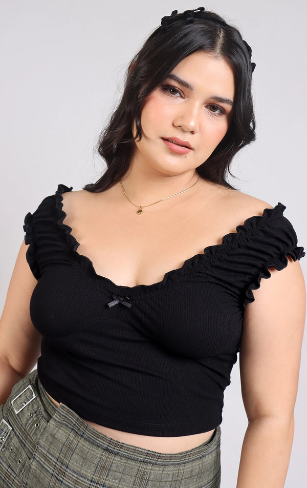 BOW DETAIL RUCHED POINTELLE CROP TOP