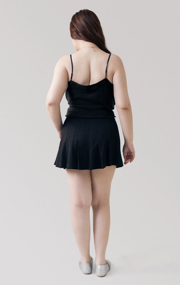 Full back view of the Pointelle Ribbed Jersey Tank Top in black, highlighting the slim strappy fit and pointelle ribbing from Just G Philippines.