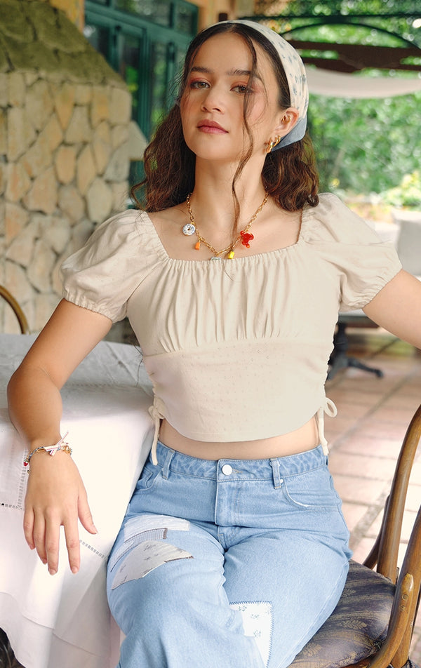 POINTELLE JERSEY PUFF SLEEVE CROP TOP WITH SIDE TIES