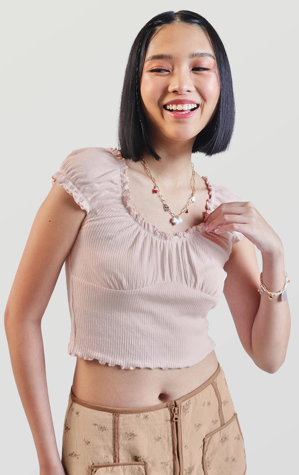 POINTELLE JERSEY RUFFLED MILKMAID PUFF SLEEVE TOP