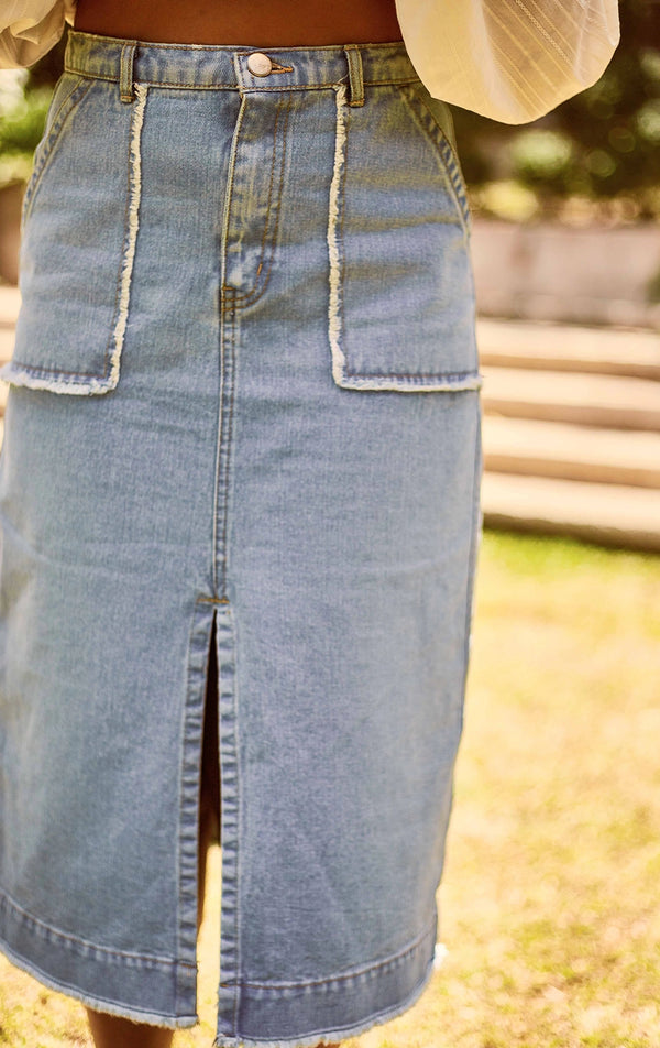 Blue Midi Denim Skirt with Slit for Teen Girls - Denim Fabric