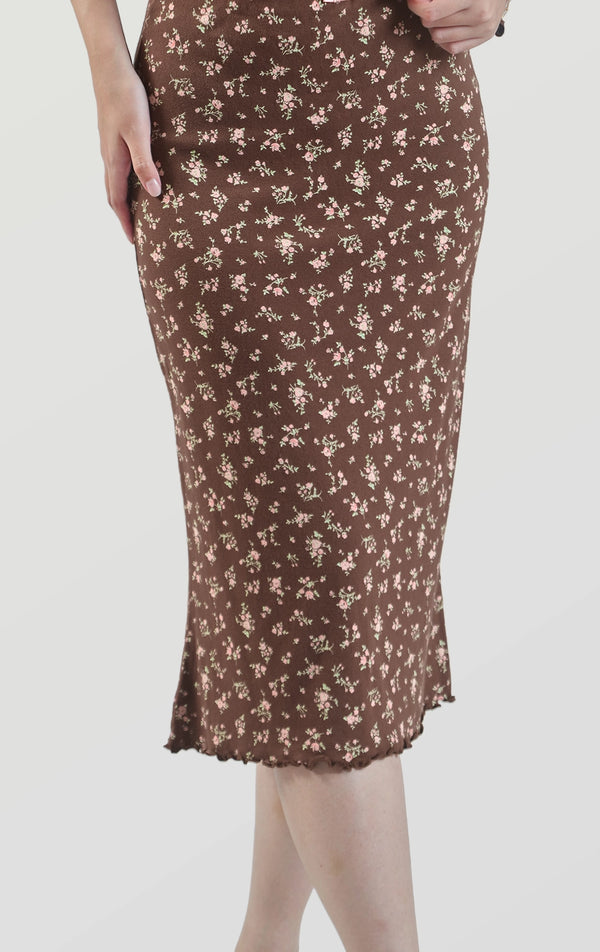 DITSY FLORAL PRINT POINTELLE JERSEY MERMAID MIDI SKIRT W/ BOW AND LACE DETAILS