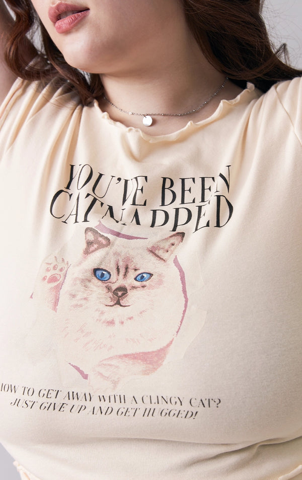 Front detail close-up of the printed cat graphic and lettuce trim on the ribbed tee by Just G Philippines