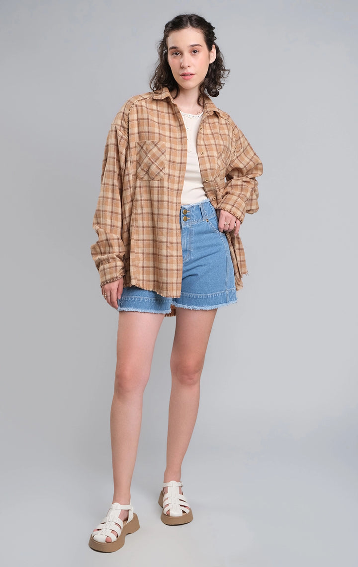 Tan Plaid Button-Down Shirt with Repair Stitch and Raw Hem for Teen Girls - Long Sleeves