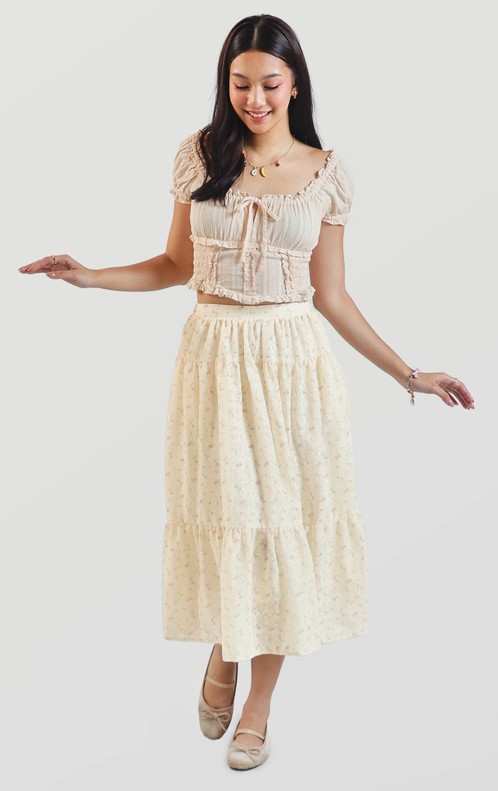 Full front view of the textured dobby milkmaid top featuring short puff sleeves, scoop neckline, ruffle trim, and smocked bodice by Just G Philippines