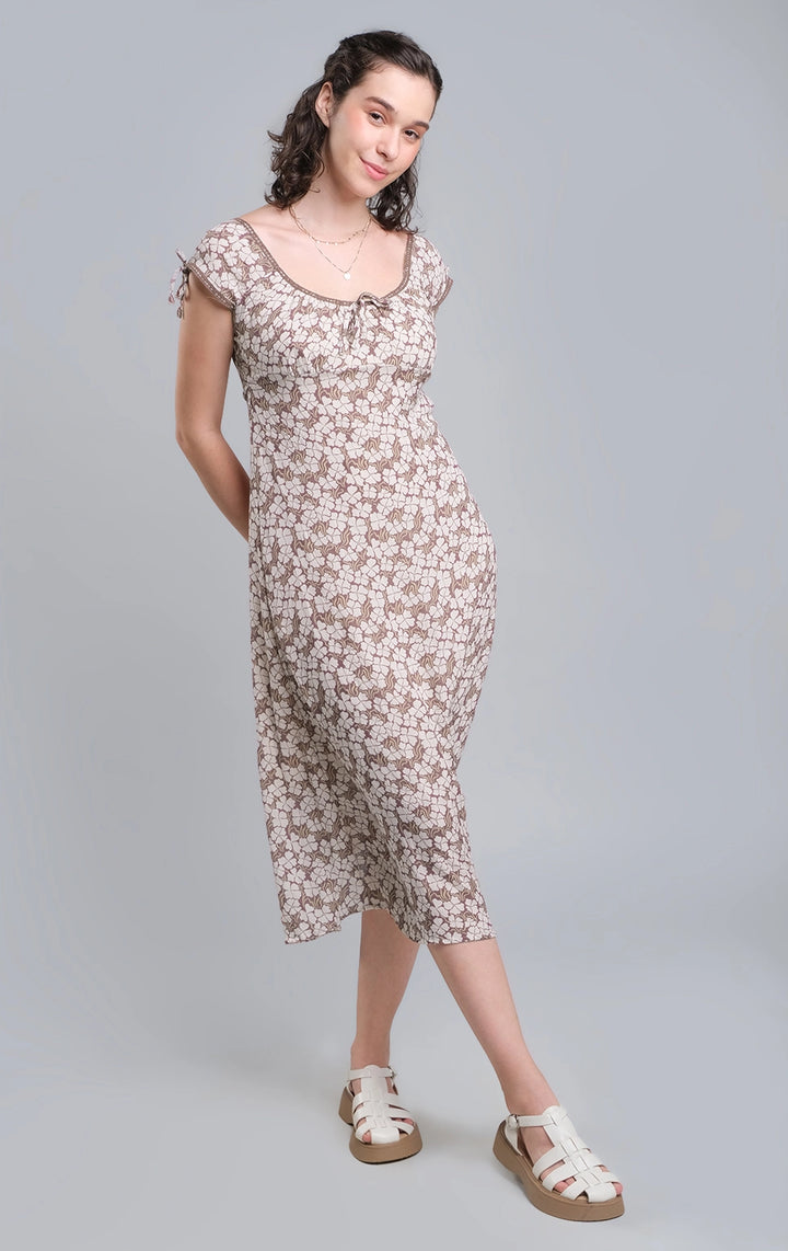 Romantic Floral Midi Dress with Lace and Ties for Teen Girls - Crumpled Viscose