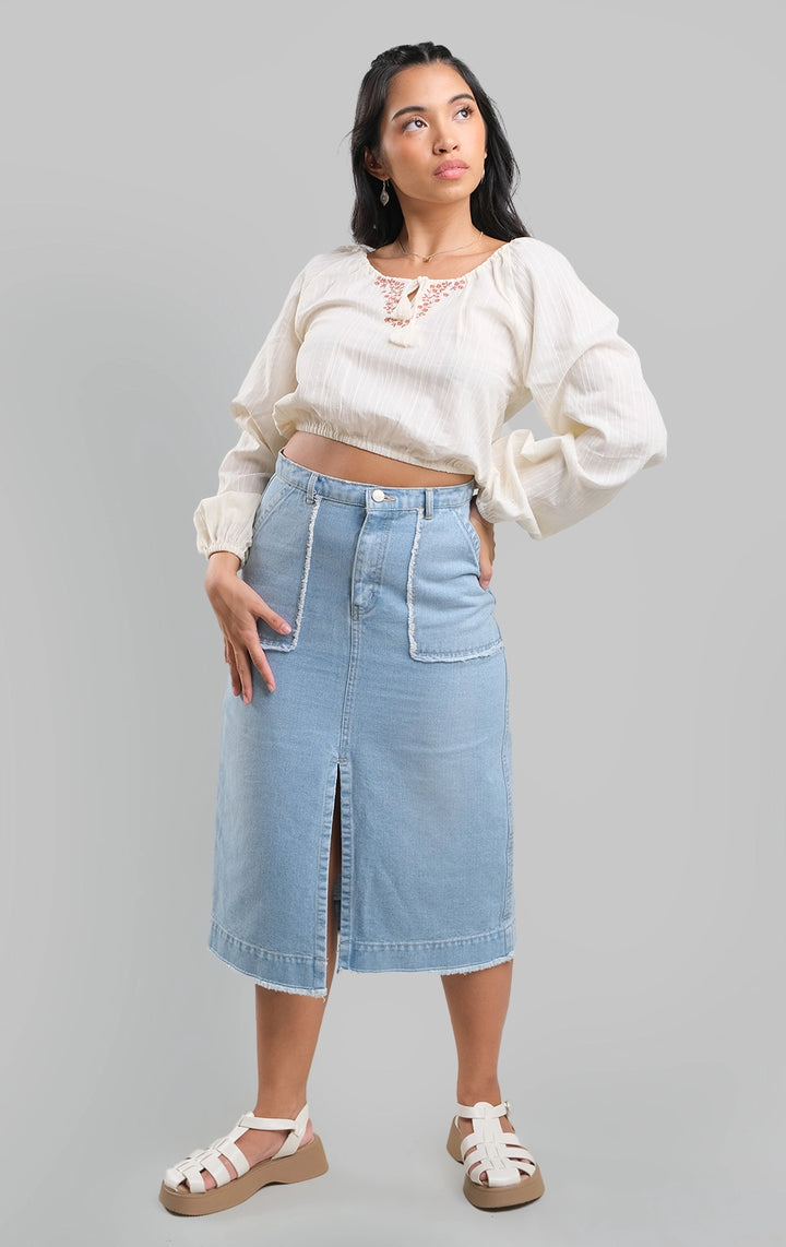 Blue Midi Denim Skirt with Slit for Teen Girls - Denim Fabric