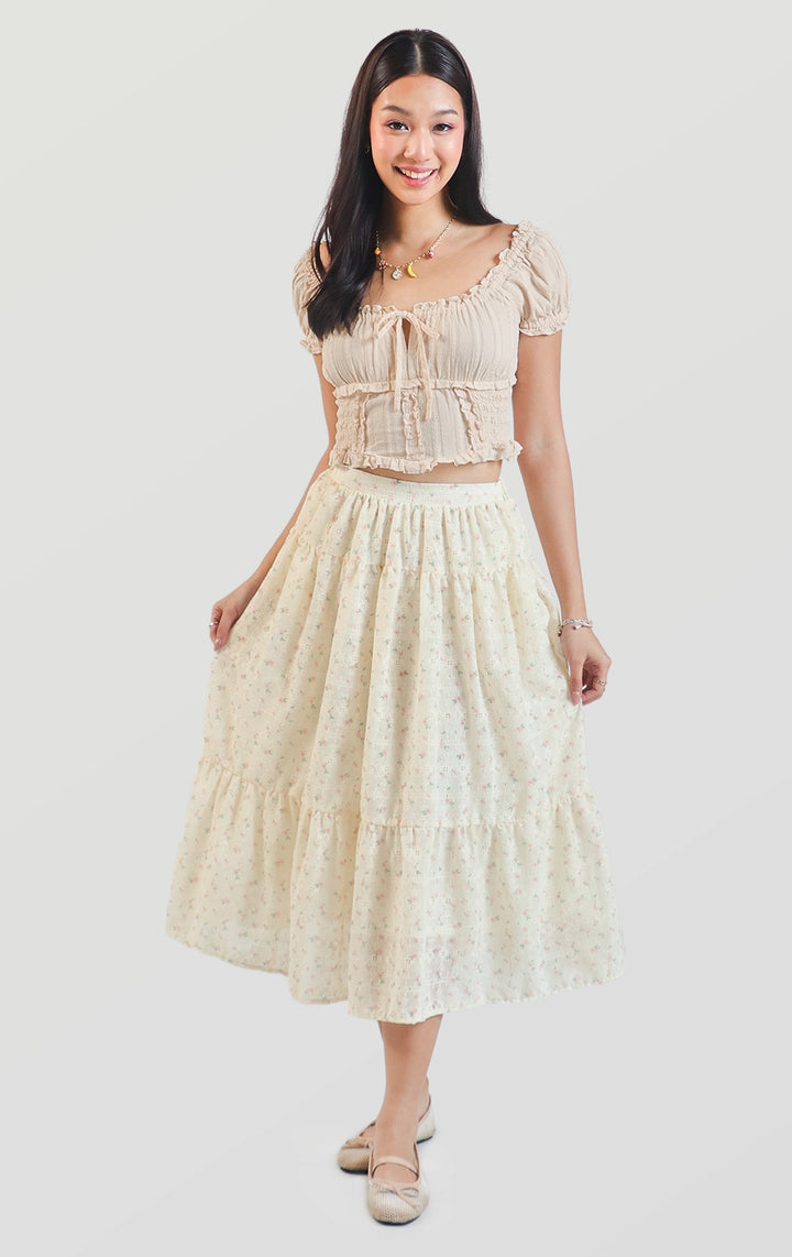 Full front view of the high waist floral embroidered tiered midi peasant skirt showing the layered silhouette and intricate embroidery by Just G Philippines