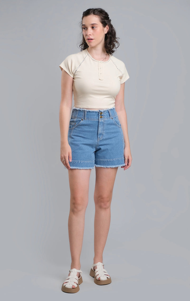 Off White Cropped Henley Top with Contrast Stitching for Teen Girls - Ribbed Jersey