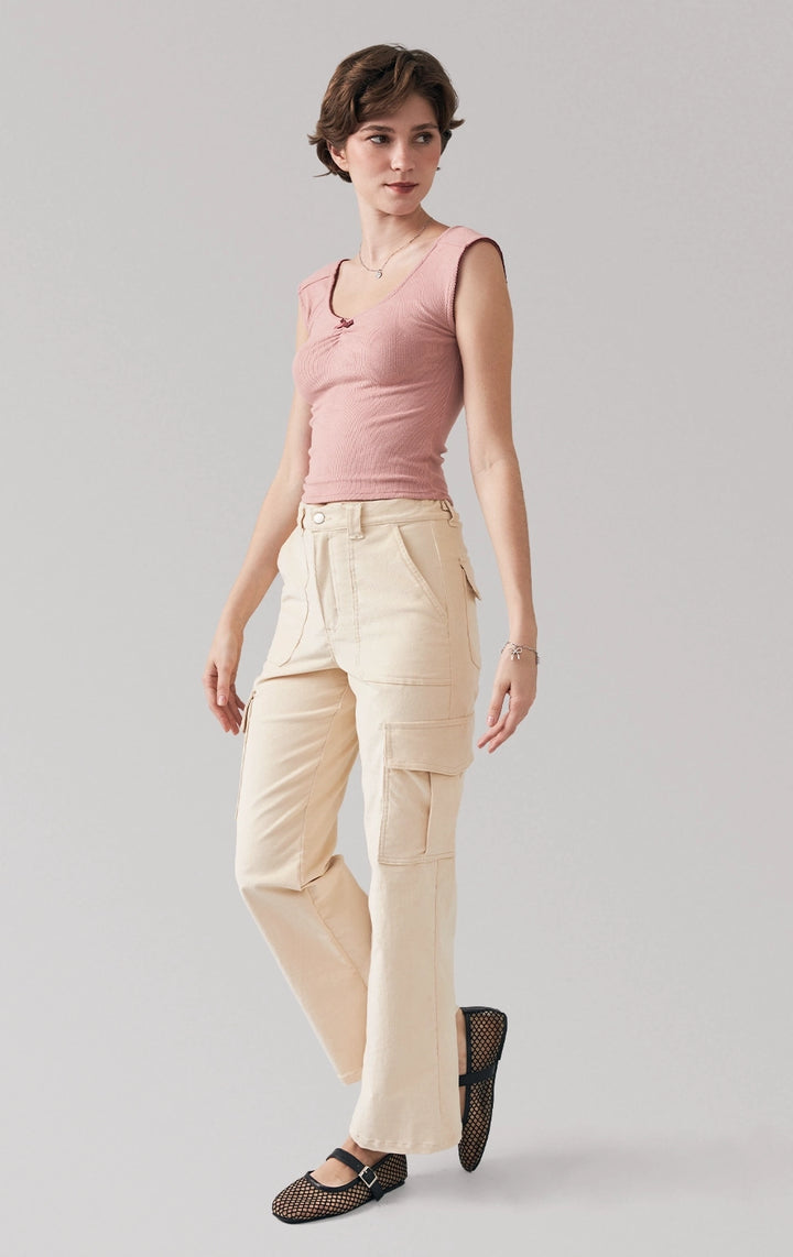 Full front view of a model wearing the ribbed jersey ruched bardot top with lace and bow by Just G Philippines