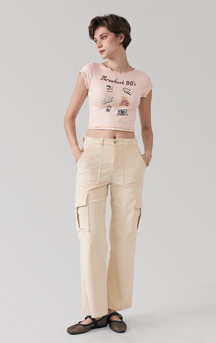 Full front view of a model wearing the lettuce edge tee with 90s graphic print and crew neckline by Just G Philippines