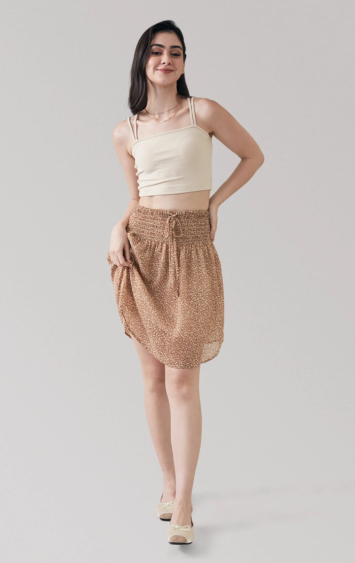 Full front view of a model wearing the cropped knit tank top with double straps and square neckline by Just G Philippines
