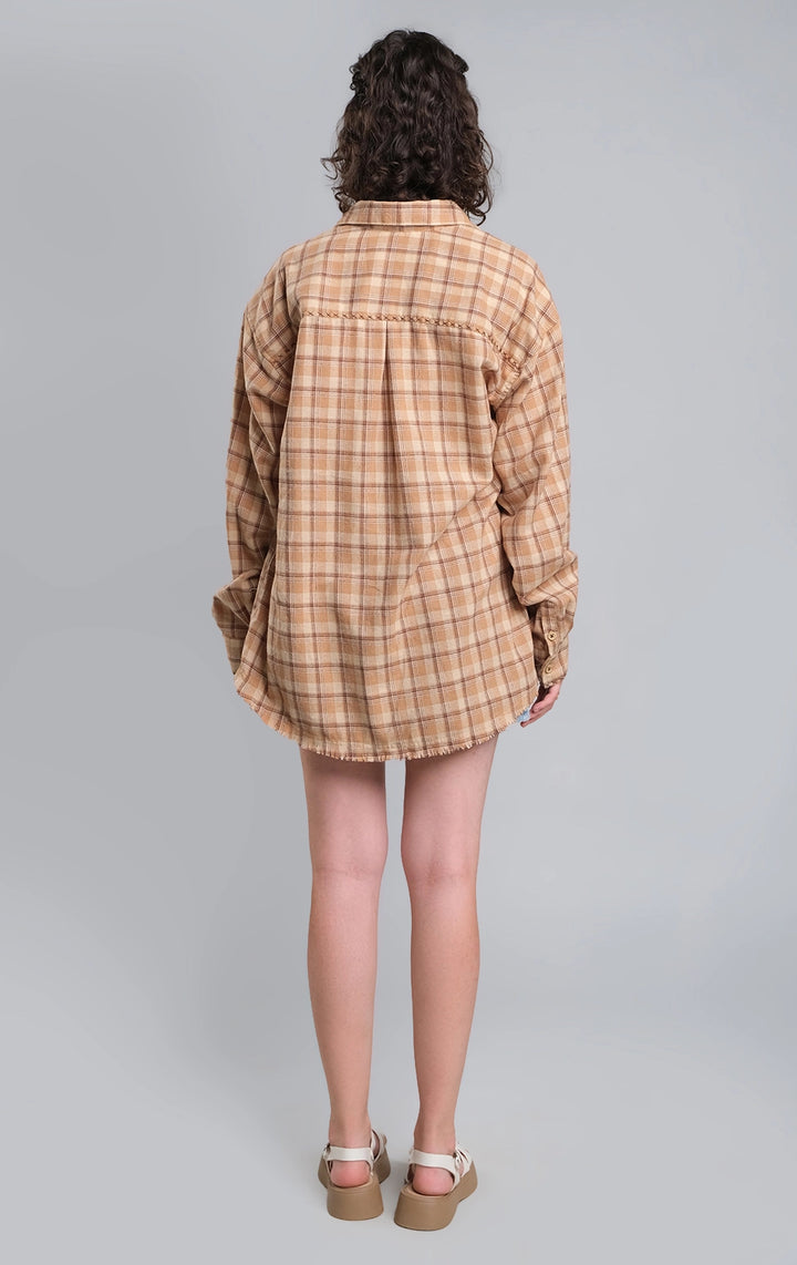 Tan Plaid Button-Down Shirt with Repair Stitch and Raw Hem for Teen Girls - Long Sleeves