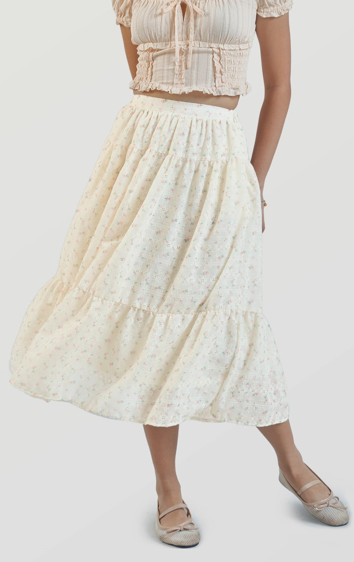 Front detail close-up of the high waist floral embroidered tiered midi peasant skirt highlighting the delicate floral embroidery and tiered seams by Just G Philippines