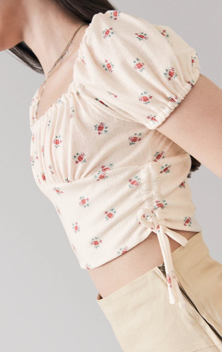 Front detail close-up of the scooped neckline and floral pointelle fabric with puff sleeve design by Just G Philippines