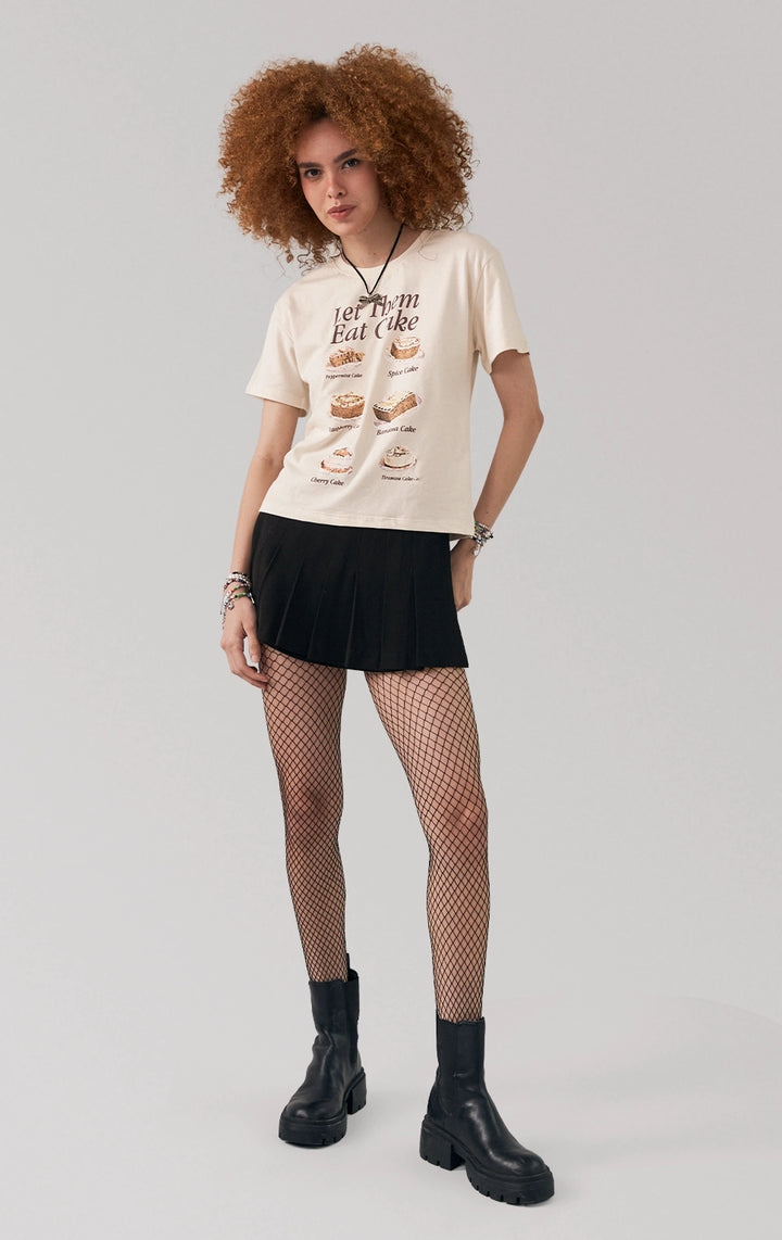 Full front view of the regular fit tee with cake print and round reckline by Just G Philippines