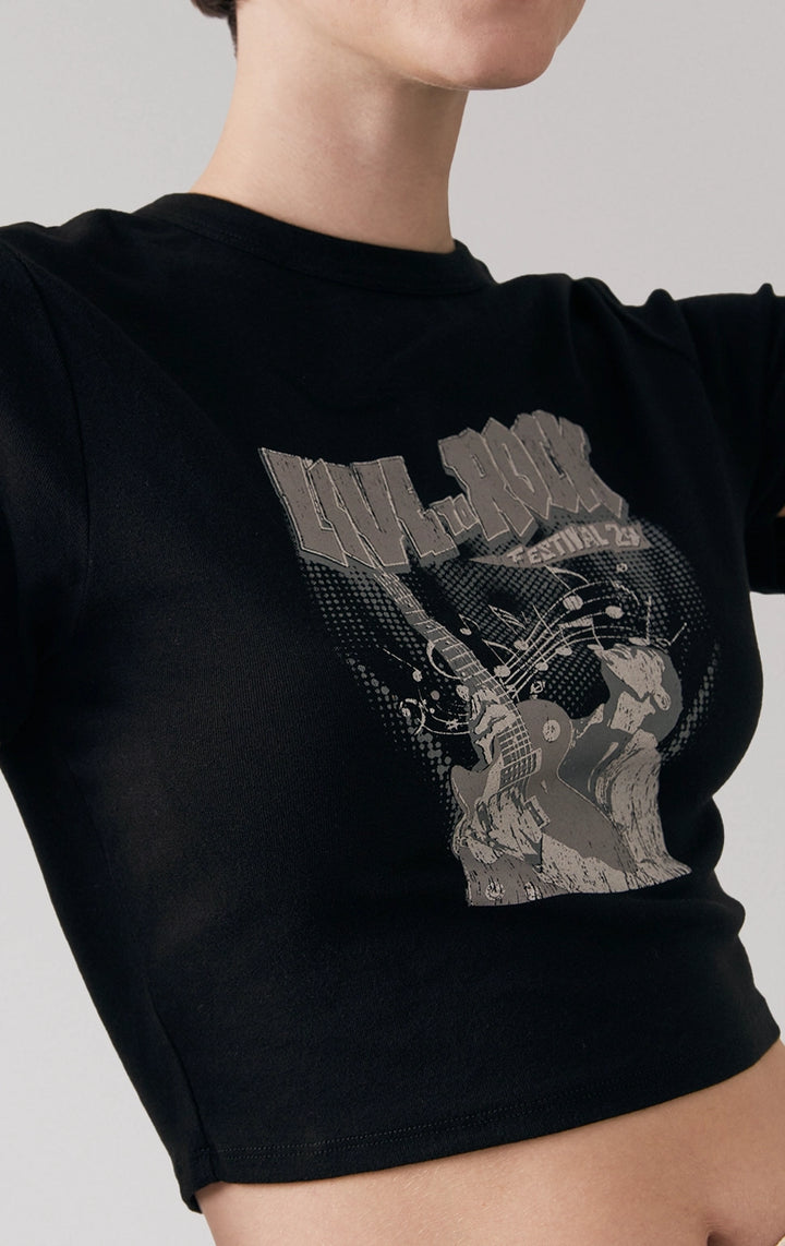 Front detail close-up of the "Love to Rock" graphic and neckline stitching on the baby tee by Just G Philippines