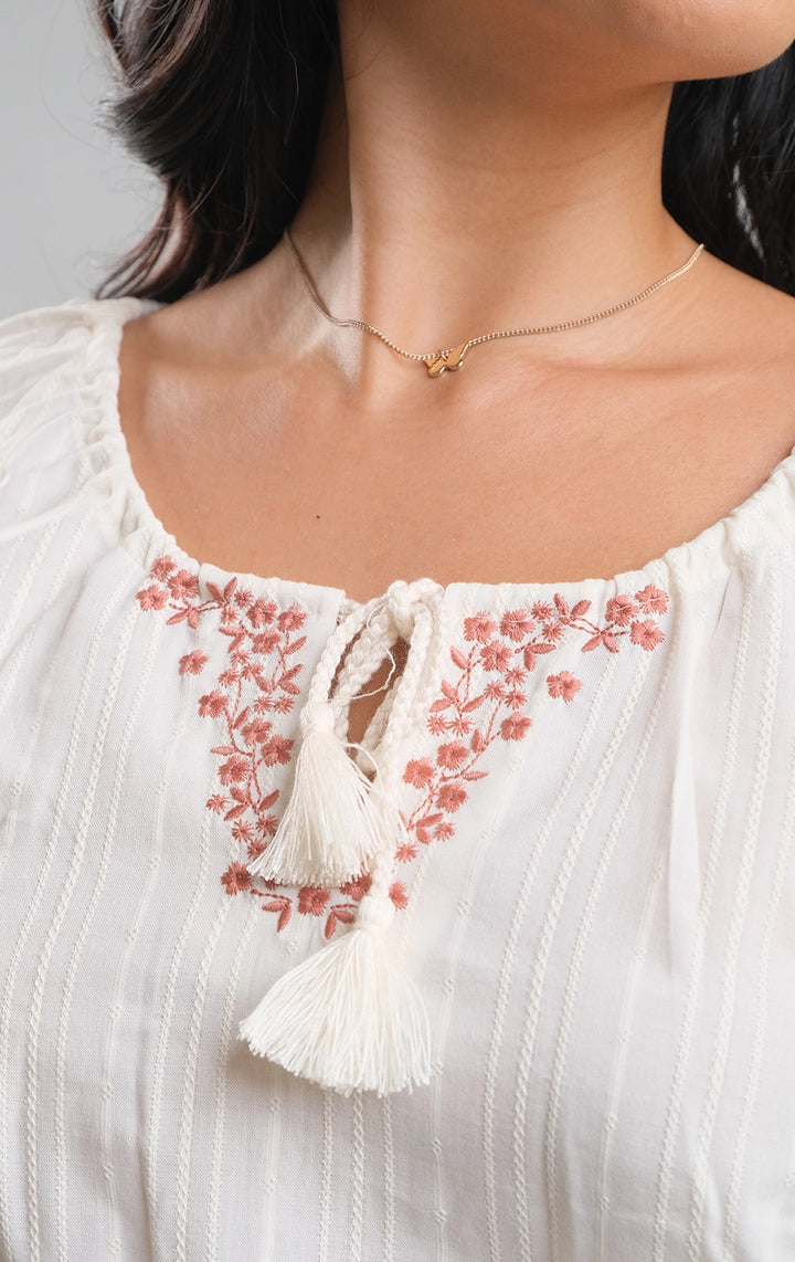 Off White Textured Peasant Top with Embroidery and Braided Cord for Teen Girls - Textured Dobby