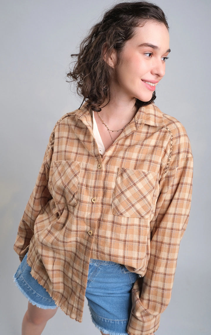 Tan Plaid Button-Down Shirt with Repair Stitch and Raw Hem for Teen Girls - Long Sleeves