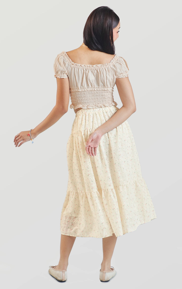 Full back view of the textured dobby milkmaid top smocked back panel and short sleeves by Just G Philippines