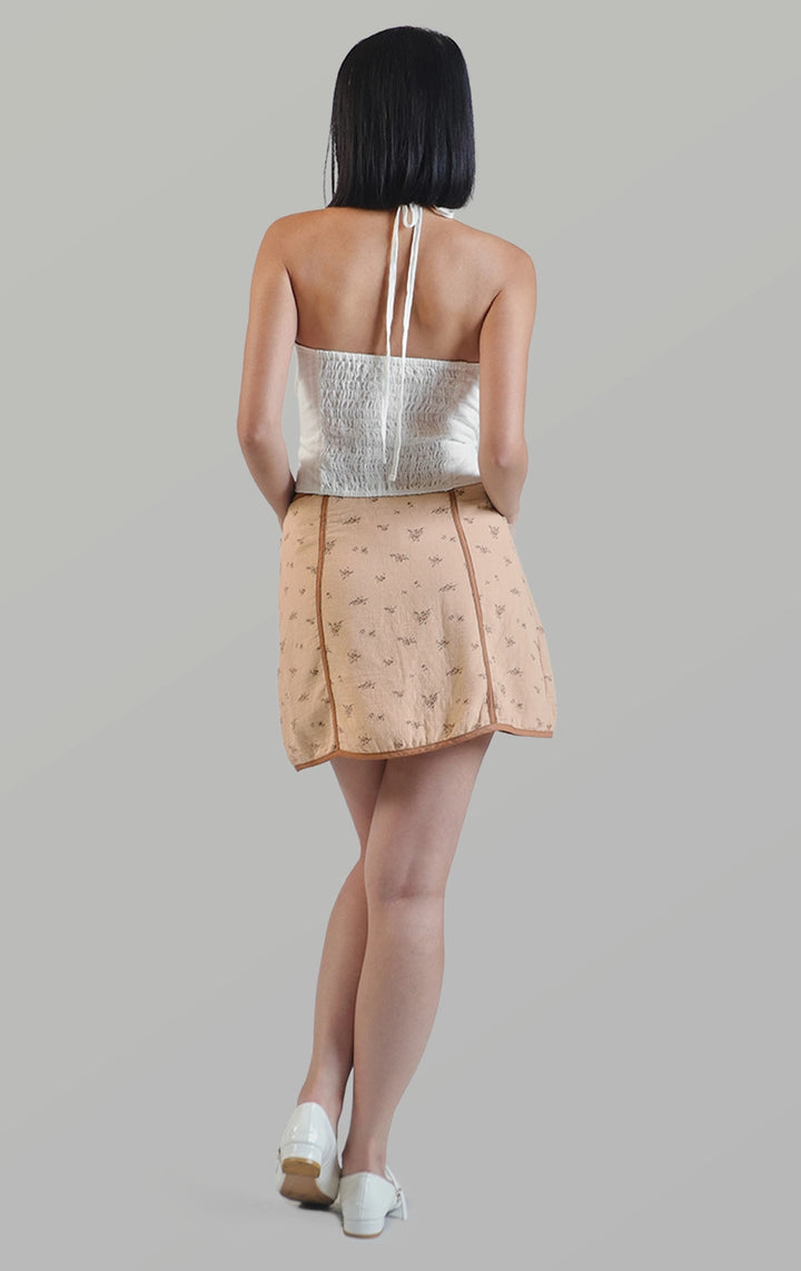 Full back view of the textured dobby diamond smocking tuxedo-like halter top showing the open back with halter tie closure by Just G Philippines