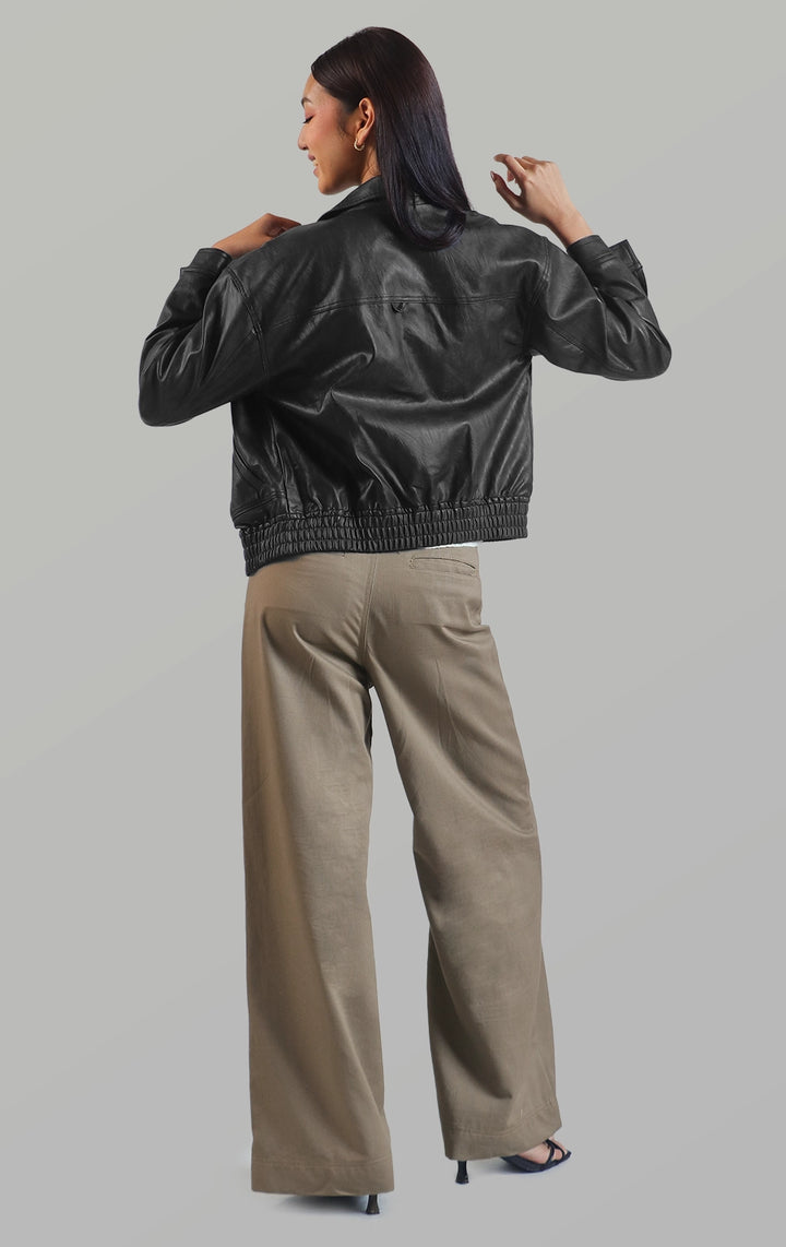 Full back view of the nylon/leather boyfriend jacket for women showing its smooth leather finish and relaxed fit by Just G Philippines