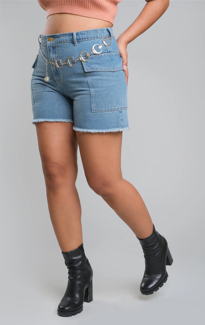 Blue Cargo Denim Shorts for Teen Girls - Denim Fabric