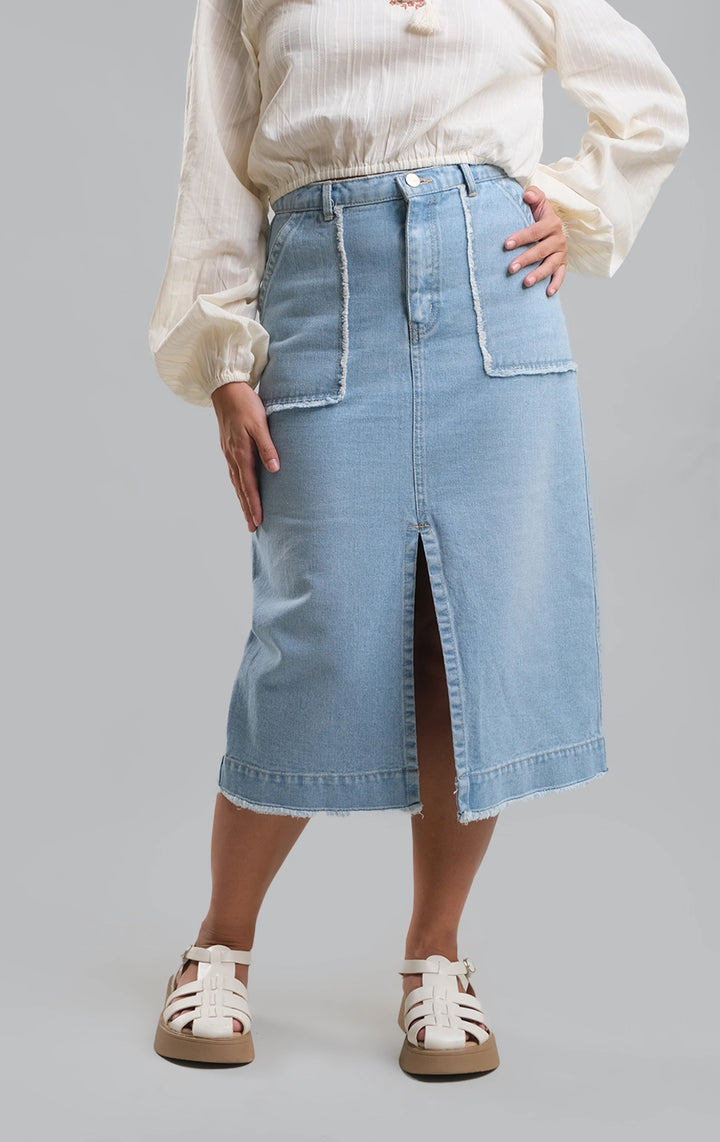 Blue Midi Denim Skirt with Slit for Teen Girls - Denim Fabric