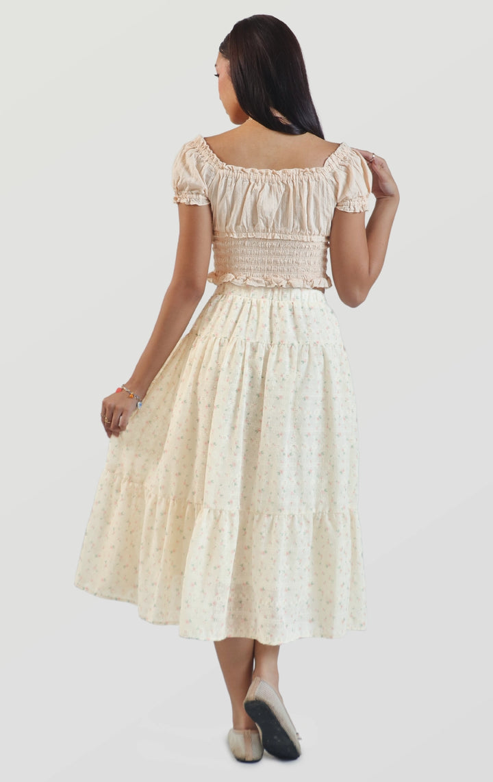 Full back view of the high waist floral embroidered tiered midi peasant skirt showing the flowy layers and detailed back design by Just G Philippines