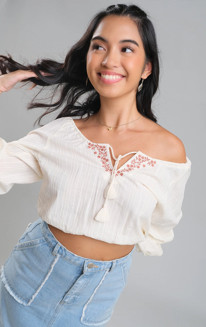 Off White Textured Peasant Top with Embroidery and Braided Cord for Teen Girls - Textured Dobby