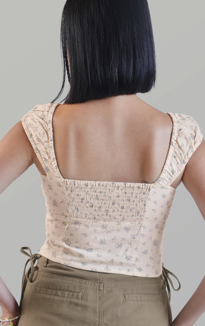 Back close-up of the rustic floral top with lace and ribbon showing the gathered smocking texture and ruffle edges by Just G Philippines