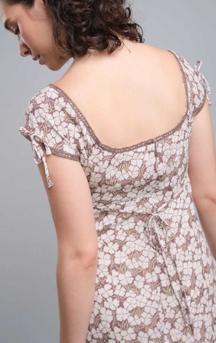 Romantic Floral Midi Dress with Lace and Ties for Teen Girls - Crumpled Viscose