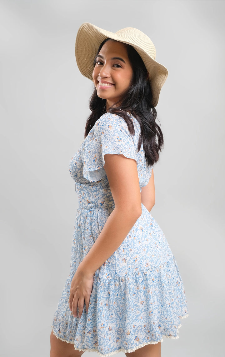 Light Blue Floral Short-Sleeved Prairie Dress with Ties for Teen Girls - Crumpled Viscose