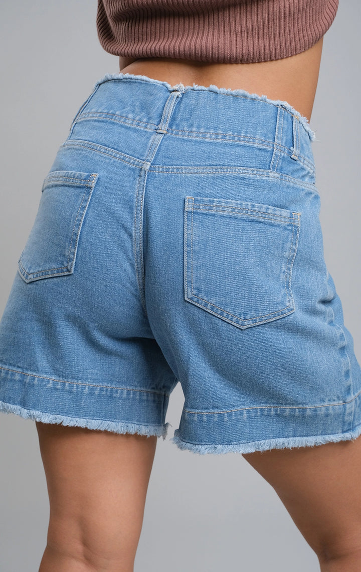 Blue Two-Button Denim Shorts with Raw Edge for Teen Girls - Denim Fabric