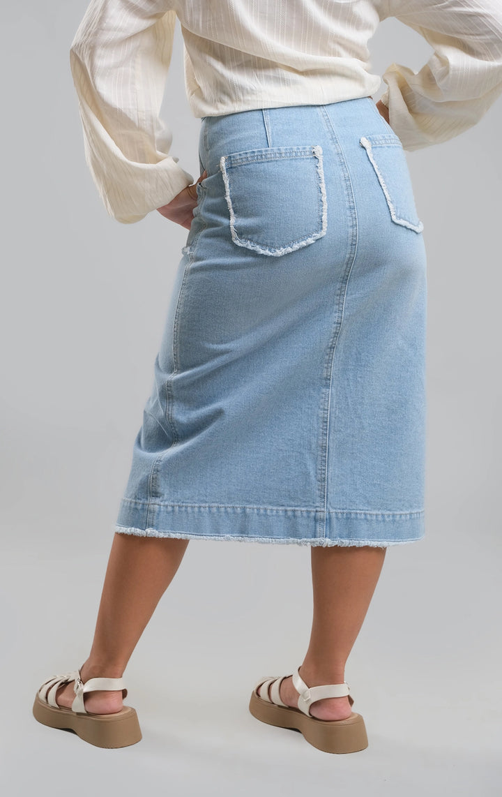 Blue Midi Denim Skirt with Slit for Teen Girls - Denim Fabric