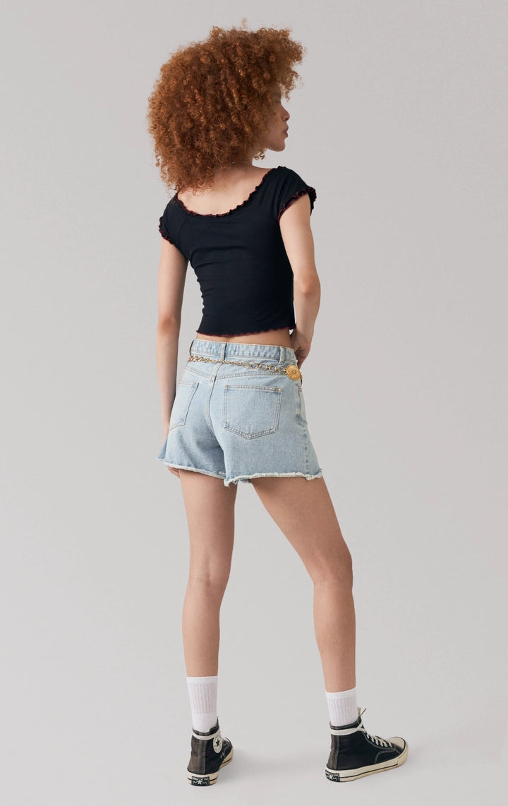 Full back view of the crop top with short sleeves and lettuce hem details by Just G Philippines