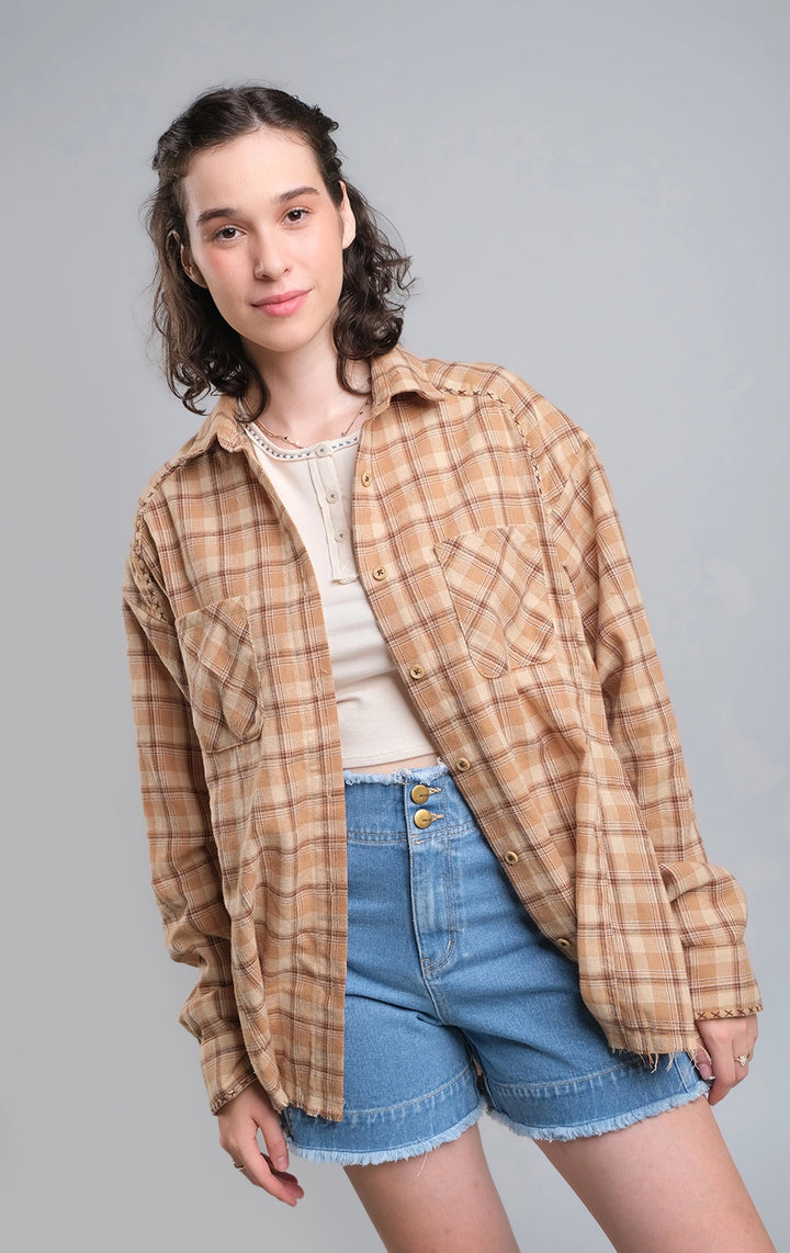 Tan Plaid Button-Down Shirt with Repair Stitch and Raw Hem for Teen Girls - Long Sleeves