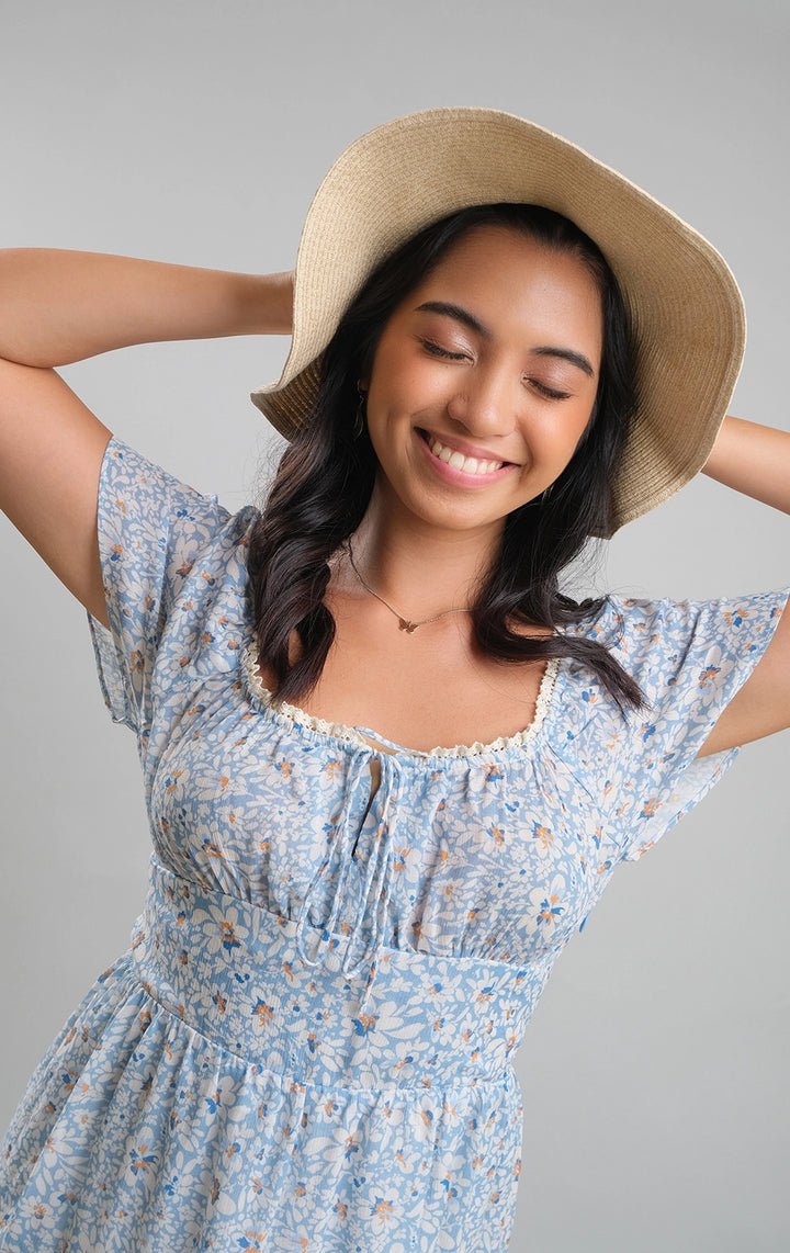 Light Blue Floral Short-Sleeved Prairie Dress with Ties for Teen Girls - Crumpled Viscose